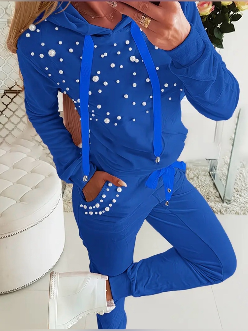 Pearl-Embellished Royal Blue Jogger Set